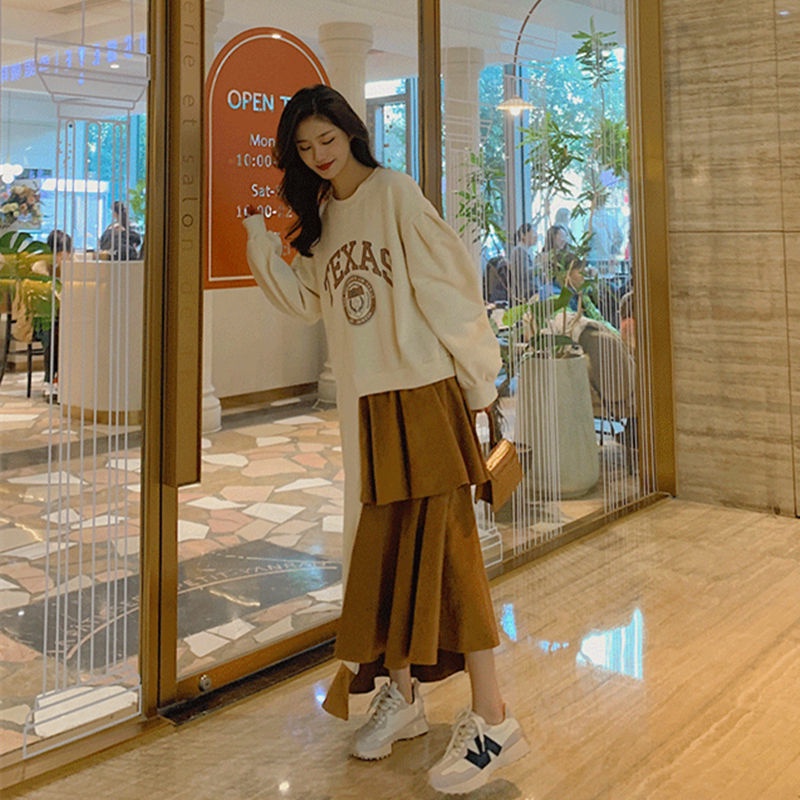 [Linin] Đầm Sweatshirt Dáng Rộng Giấu Đường May Màu Sắc Tương Phản Size Lớn Irreg