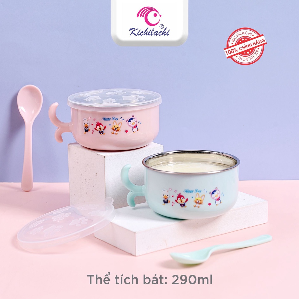 Bát Ăn Dặm M9015 Giữ Nhiệt Kichilachi , Bát Inox 2 Lớp Chống Nóng Cho Bé