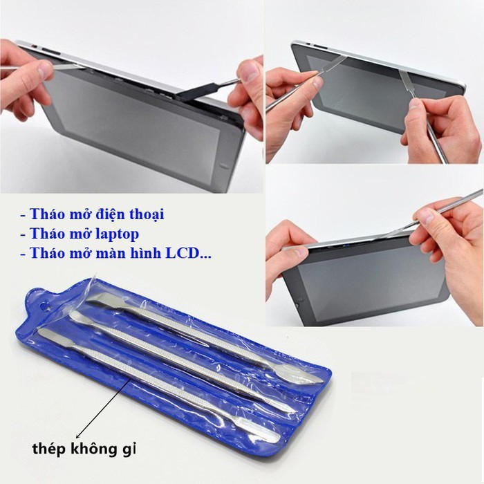 Bộ 3 cây nạy mở điện thoại, máy tính bảng, laptop, đồng hồ... chất liệu inox