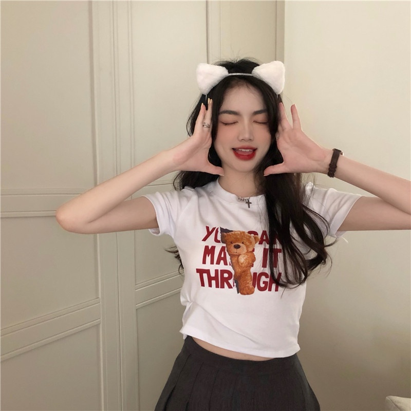 ÁO THUN CROPTOP NỮ IN HÌNH GẤU 3 MÀU ĐEN TRẮNG MUỐI TIÊU DỄ THƯƠNG HÀN QUỐC  CR22039