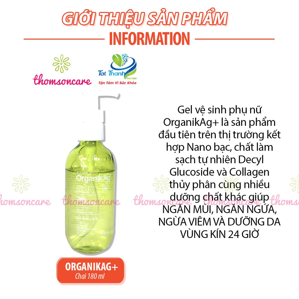 Dung dịch vệ sinh phụ nữ Organik Ag+ có Nano bạc - ddvs Giúp cân băng độ ẩm PH - Chai 180ml có vòi rửa phụ khoa