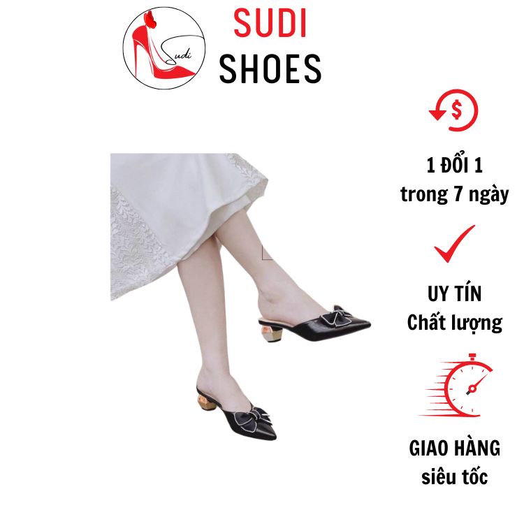 Giày cao gót 3 phân SUDI - SD014_BBF có đính nơ tiểu thư sang chảnh đế thoi vuông độc đáo