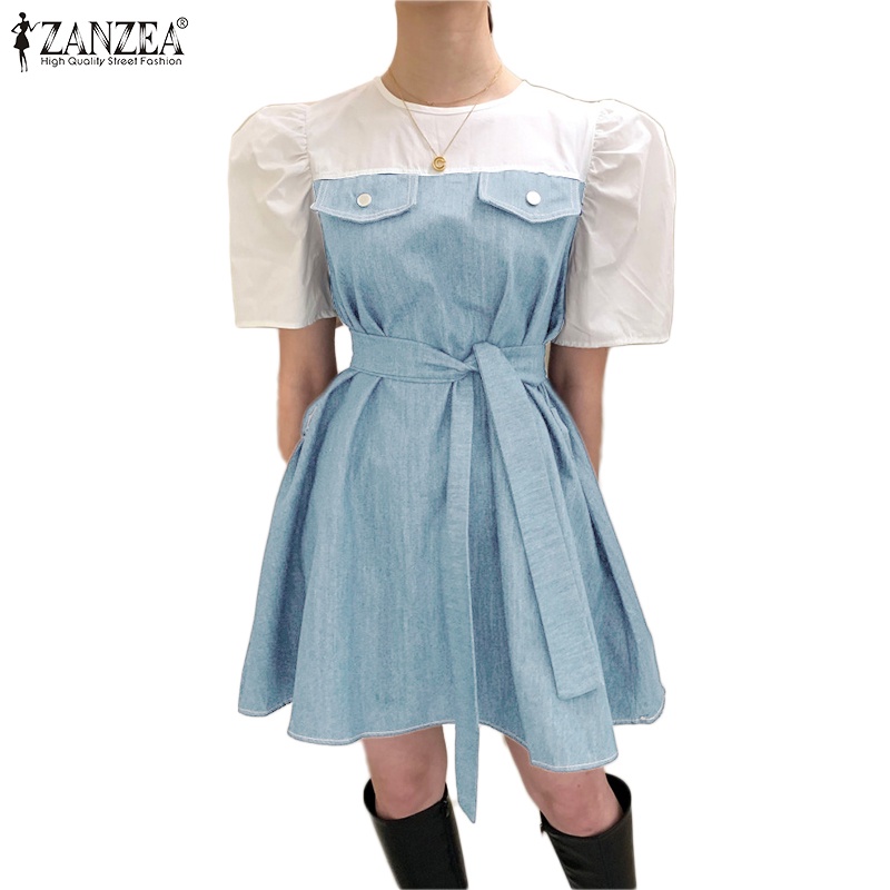 Zanzea Đầm Ngắn Tay Phồng Phối Màu Tương Phản Thời Trang Dành Cho Nữ