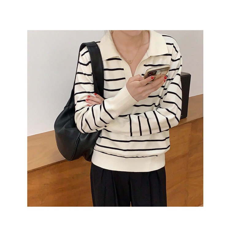 SUXI Áo Dệt Kim Tay Dài Dáng Rộng Kẻ Sọc Kiểu Retro Hàn Quốc Thời Trang Mùa Thu Cho Nữ