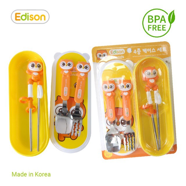 MADE IN KOREA Đồ dùng ăn dặm cho bé 3 món (thìa, dĩa, đũa tập ăn) Edison 6971 hình cú mèo có hộp đảm bảo an toàn vệ sinh