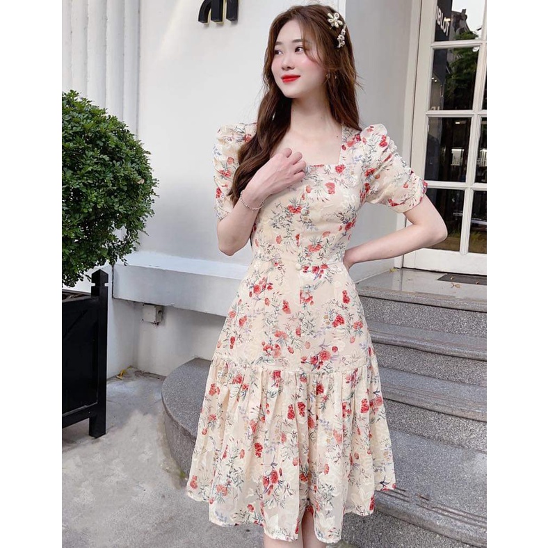 Đầm hoa tiểu thư dáng dài, váy hoa nhí cổ vuông tay phồng, đầm dự tiệc hoa nhí đơn giản thanh lịch