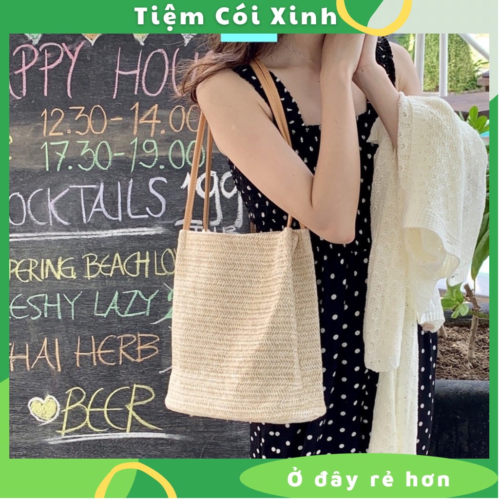 Túi Cói Đi Biển Đeo Vai Dây Da Phong Cách Hàn Quốc Cho Nữ TIỆM CÓI XINH