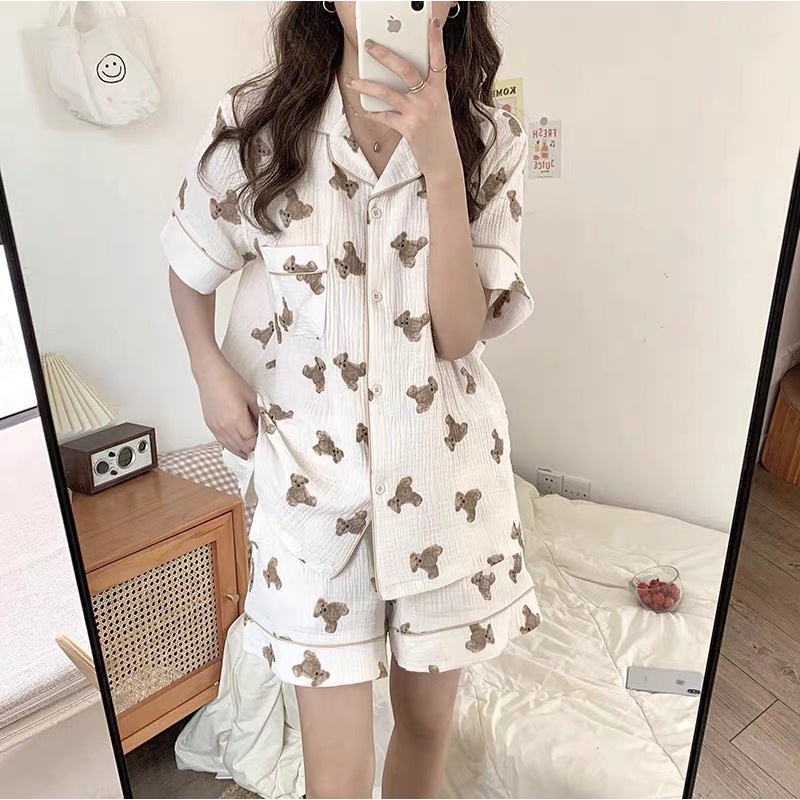 Bộ Ngủ Pijama Mẫu Mới Gấu Cam Kem Cute Form Rộng Nữ
