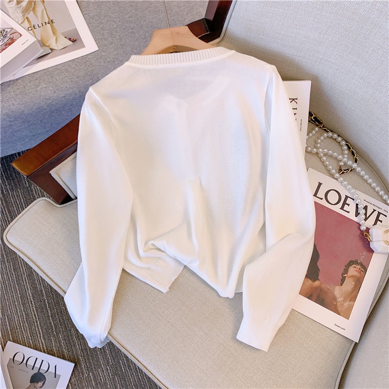 Áo Cardigan Dệt Kim Mỏng Tay Dài Kẻ Sọc Thêu Hình Thỏ Đơn Giản Sang Trọng Hàng Mới