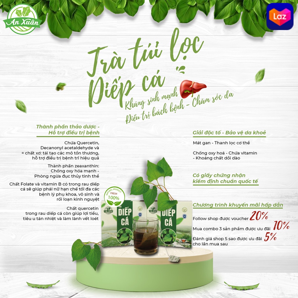 HỘP TRÀ TÚI LỌC DIẾP CÁ THẢI ĐỘC CƠ THỂ ANXUAN [CHÍNH HÃNG- ORGANIC] - cải thiện làn da, thanh nhiệt cơ thể