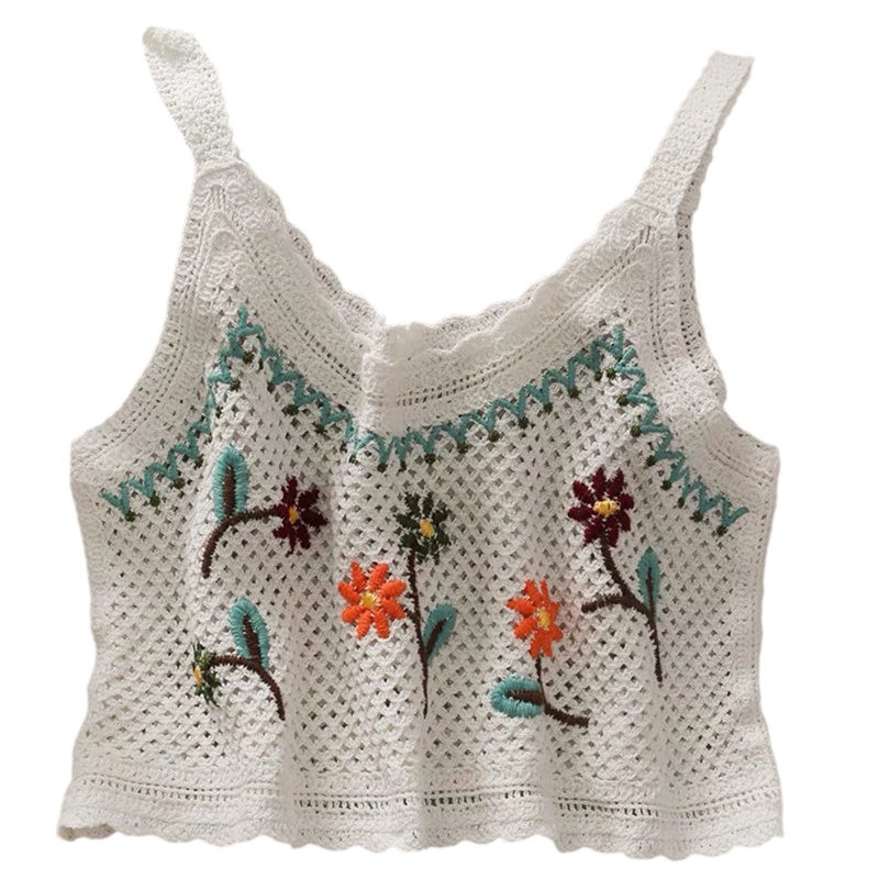 Áo Croptop Dệt Kim Hai Dây Thêu Hoa Gợn Sóng Phong Cách Vintage Cho Nữ