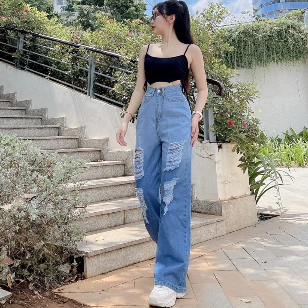 Quần Jean nữ ống suông cạp cao loang màu rách gối, chất bò dày dặn, không nhăn, không xù khi giặt MT5181 | BigBuy360 - bigbuy360.vn