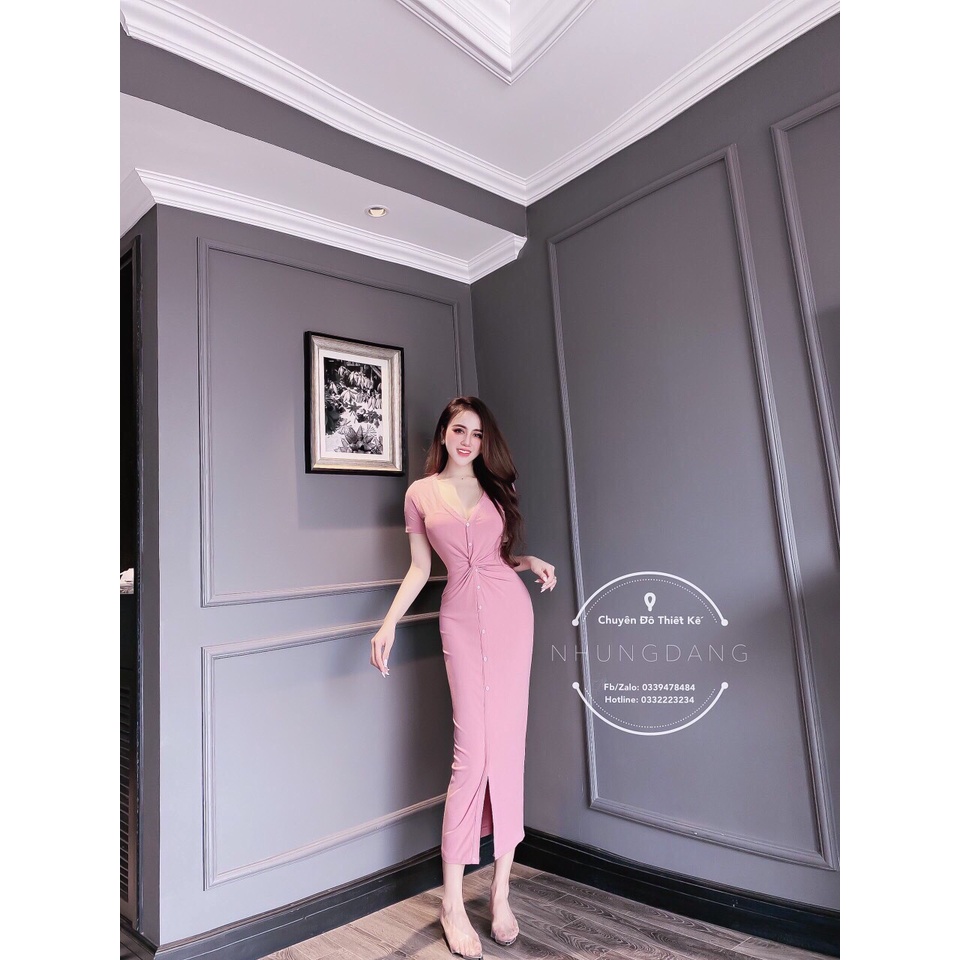 Váy thun dáng dài cổ V, xoắn ngực tôn eo