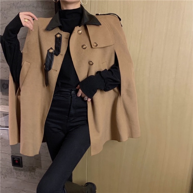 [Sẵn be] Áo khoác dạ cape choàng cổ đóng khuy phong cách sang trọng | BigBuy360 - bigbuy360.vn
