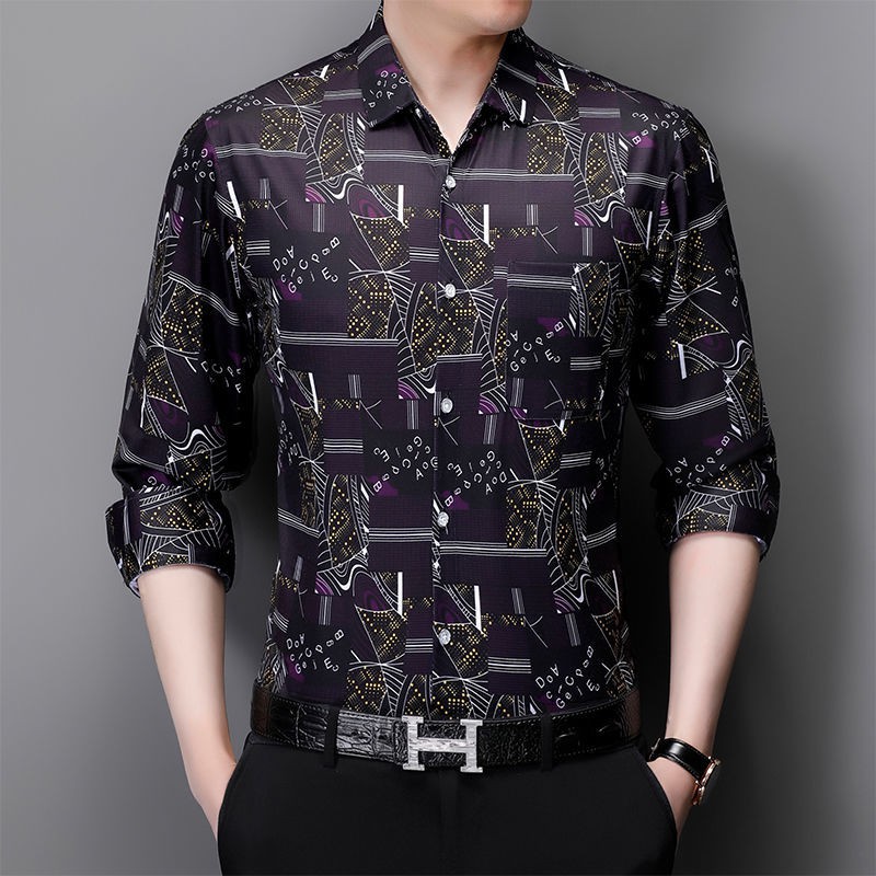 【Non-iron shirt】Men Formal Button Smart Casual Plus Size Long Sleeve Slim Fit New men's long sleeve floral shirt thin middle-aged and elderly business loose large no iron printed shirt fashionable men's floral