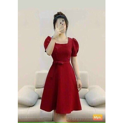 Váy đầm nữ dáng xoè dự tiệc cổ vuông cột nơ eo đính hàng nút sang trọng