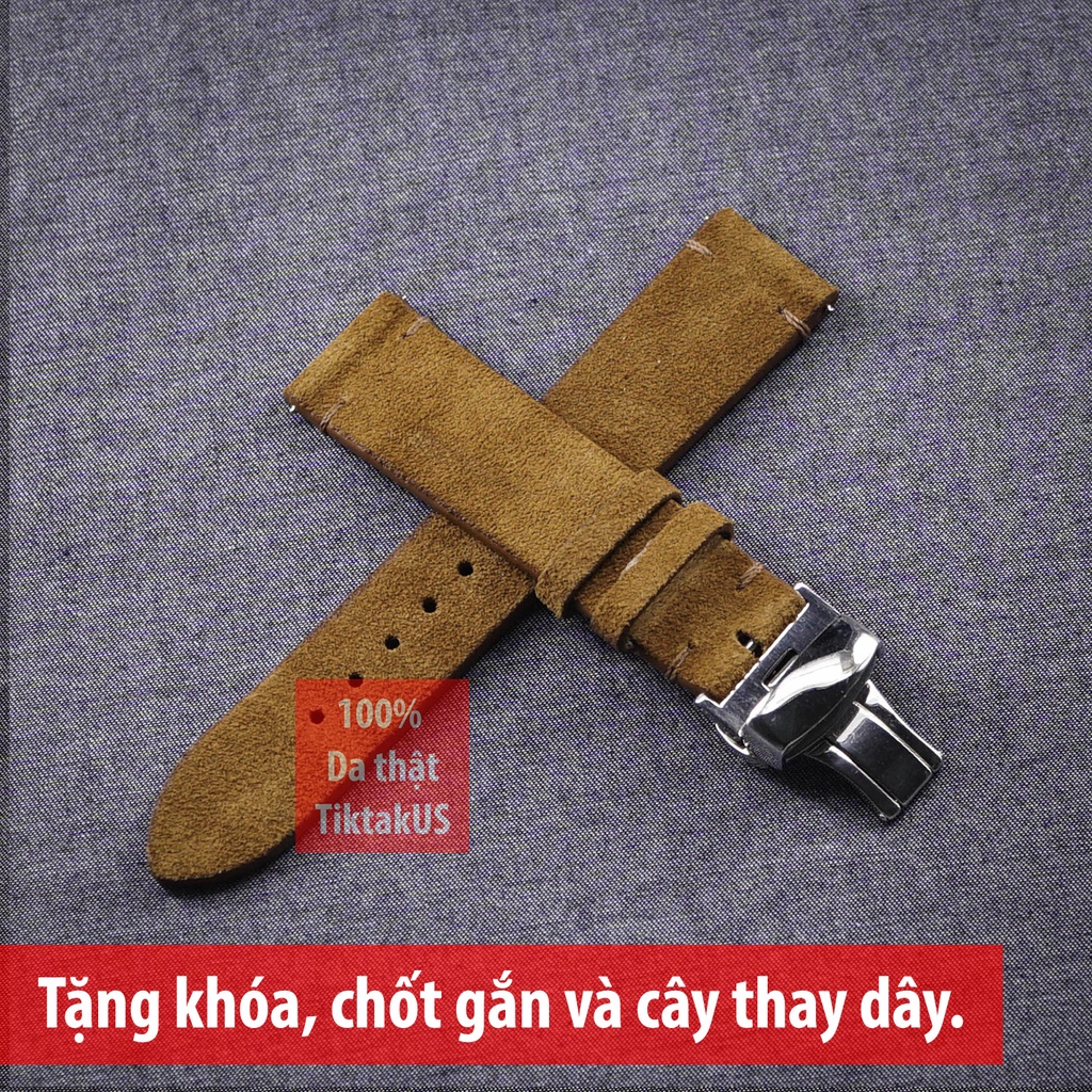 Dây đồng hồ da bò thật Vintage da lộn không chỉ viền kèm khóa bướm chống gẫy dây, nhiều màu, đủ size 18mm tới 22mm