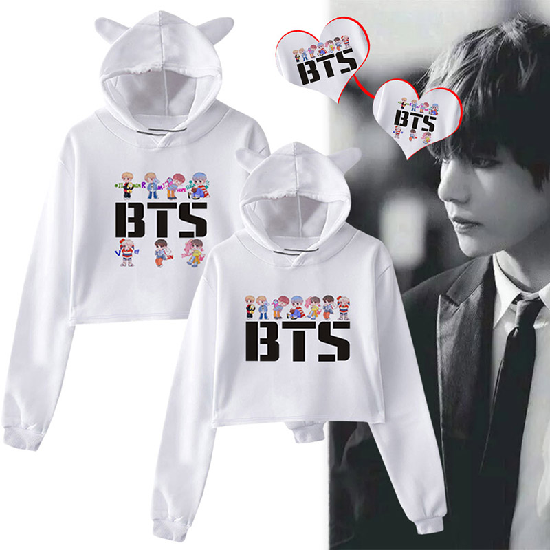 Áo Croptop Tay Dài Hoạ Tiết Tai Mèo Hoạt Hình Bts