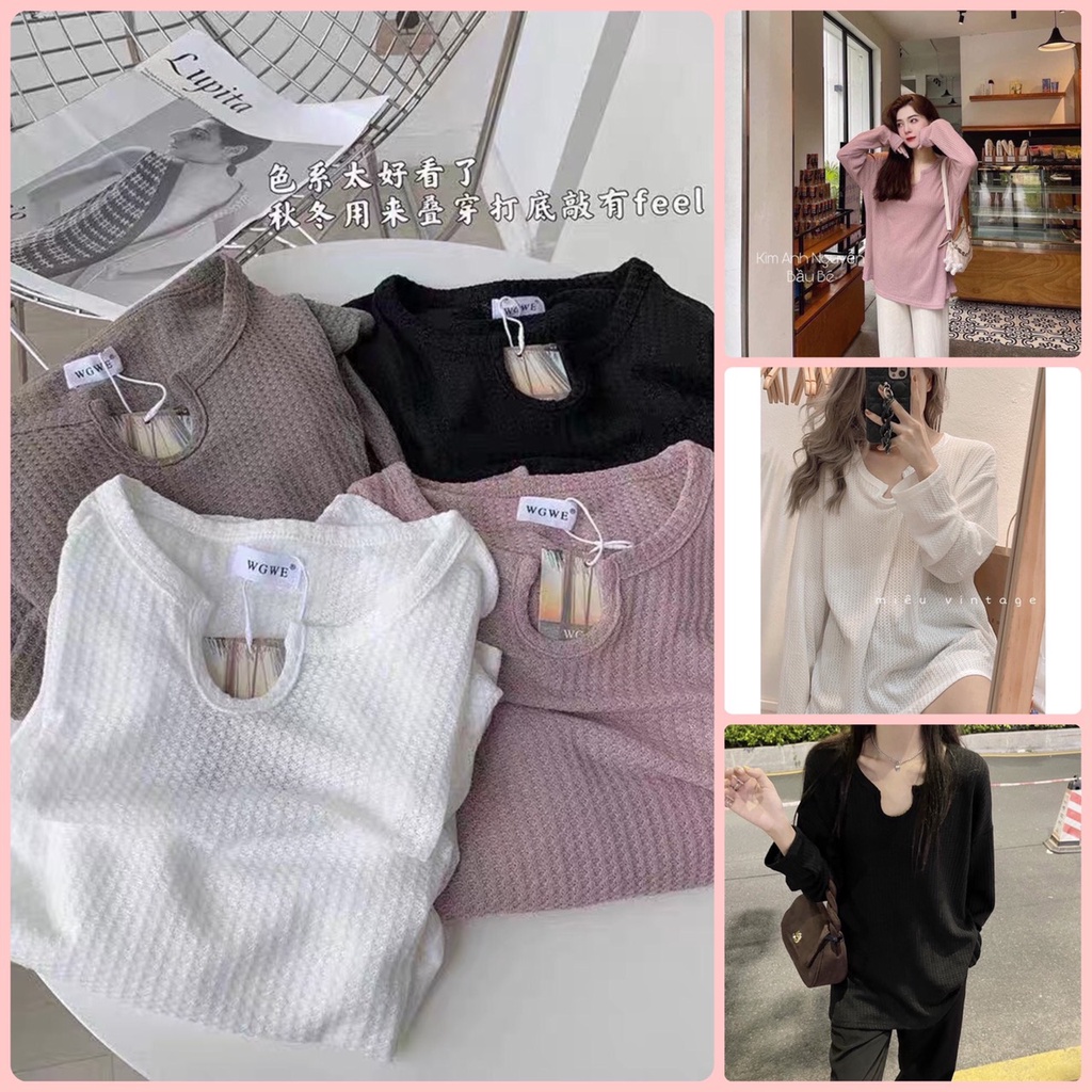 [Mã 1010FASHIONSALE191 giảm 10K đơn 50K] Áo Len Xốp Tay Dài Khoét Cổ Nhiều Màu Hot trend Dáng Basic Dễ Phối Đồ Ulzzang