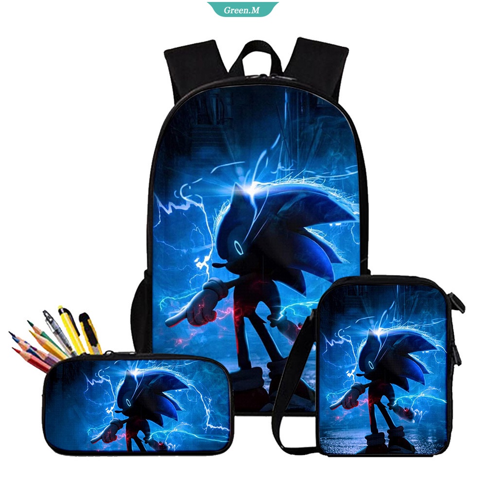 Set 3 Món Balo Túi Ví Họa Tiết Sonic Cổ Điển Cho Học Sinh Tiểu Học [GM]