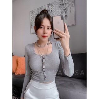 Áo Croptop CRT Nữ Thun Gân Cổ Vuông Chữ U Dài Tay Kiểu Phối Khuy Nút Ôm Body Xám Đen Trắng Tay Dài Mềm Mịn Sexy Quyến Rũ