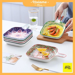 Khay nướng , dĩa sứ decor vuông sâu lòng có tay cầm dùng được trong lò nướng holame