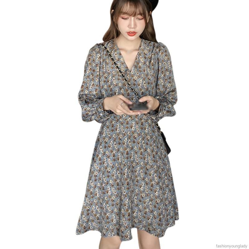 Váy Hoa Tay Dài Eo Cao Dáng Ôm Quyến Rũ Trẻ Trung Cho Bạn Gái