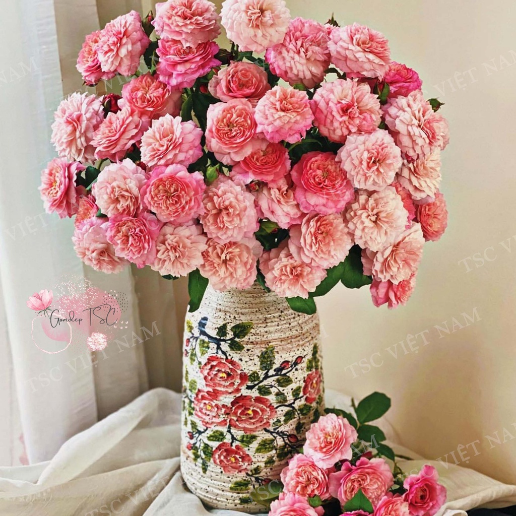 Lọ hoa gốm sứ Bát Tràng men mộc vàng tiêu vẽ tay thủ công hoa hồng- Bình hoa trang trí decor phòng khách sang trọng