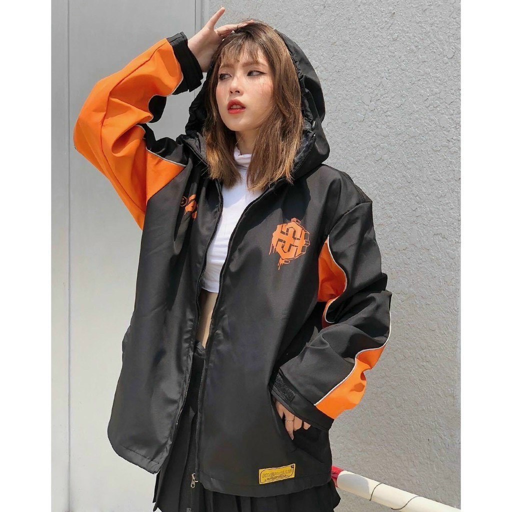 áo khoác dù nam nữ đen trắng bomber hai lớp có mũ UNISEX Form rộng chất mát vải dù không nhăn không  xù