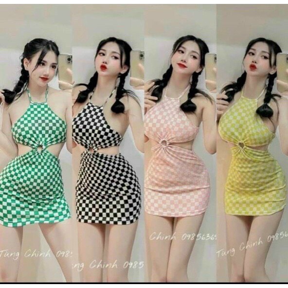 Đầm yếm phối khoen ngực kẻ carro sexy chất thun gân