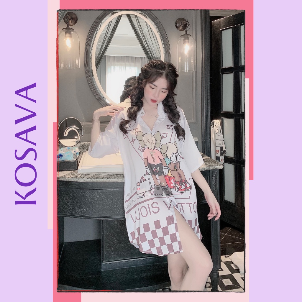 Đồ Ngủ Nữ váy ngủ lụa sơmi chất liệu satin thiết kế hình dễ thương KOSAVA