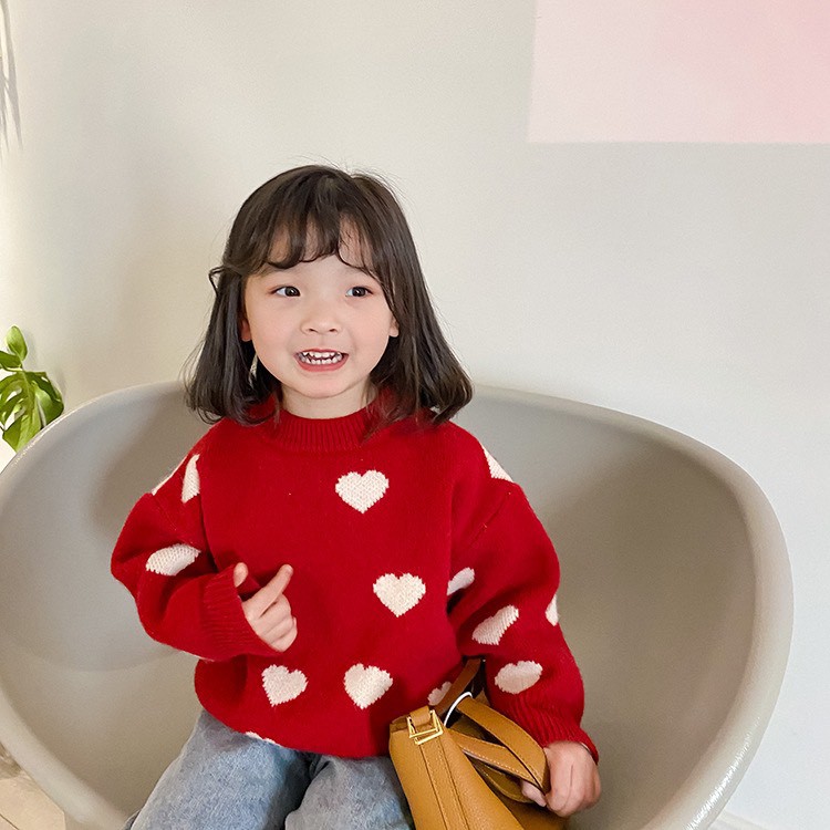 Áo len đỏ cho bé gái diện tết hình trái tim đẹp - Ambb Kids Quảng Châu (có clip, ảnh thật)