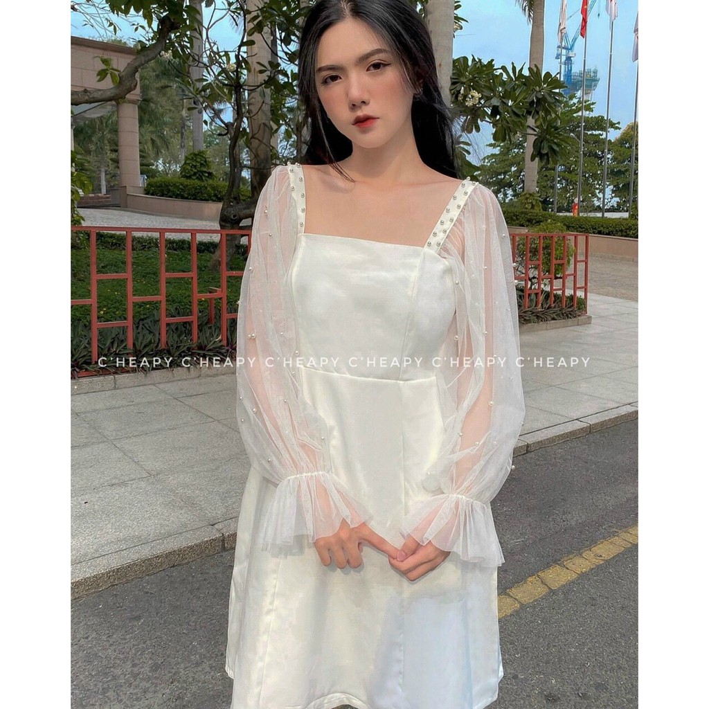 Đầm xòe cổ vuông tay lưới bi xinh xắn có mút ngực