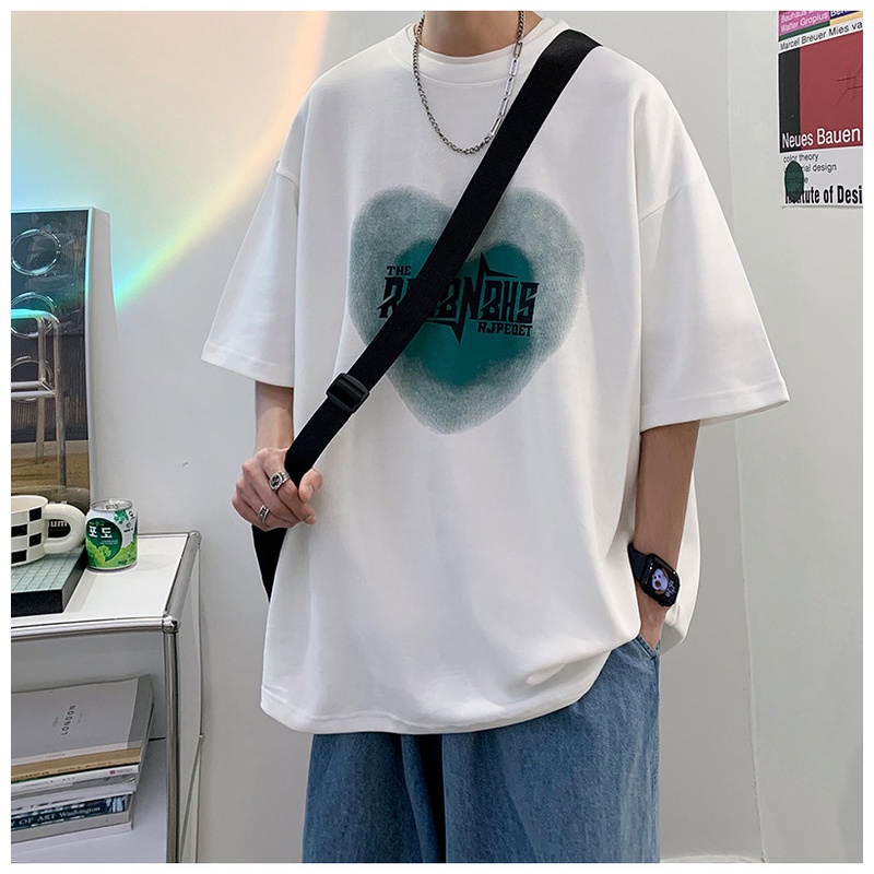 Áo Thun Mỏng Tay Ngắn Dáng Rộng In Hình Trái Tim Màu Xanh Dương Kích Thước Lớn 8XL Phong Cách Hàn Quốc Cho Nam Giới