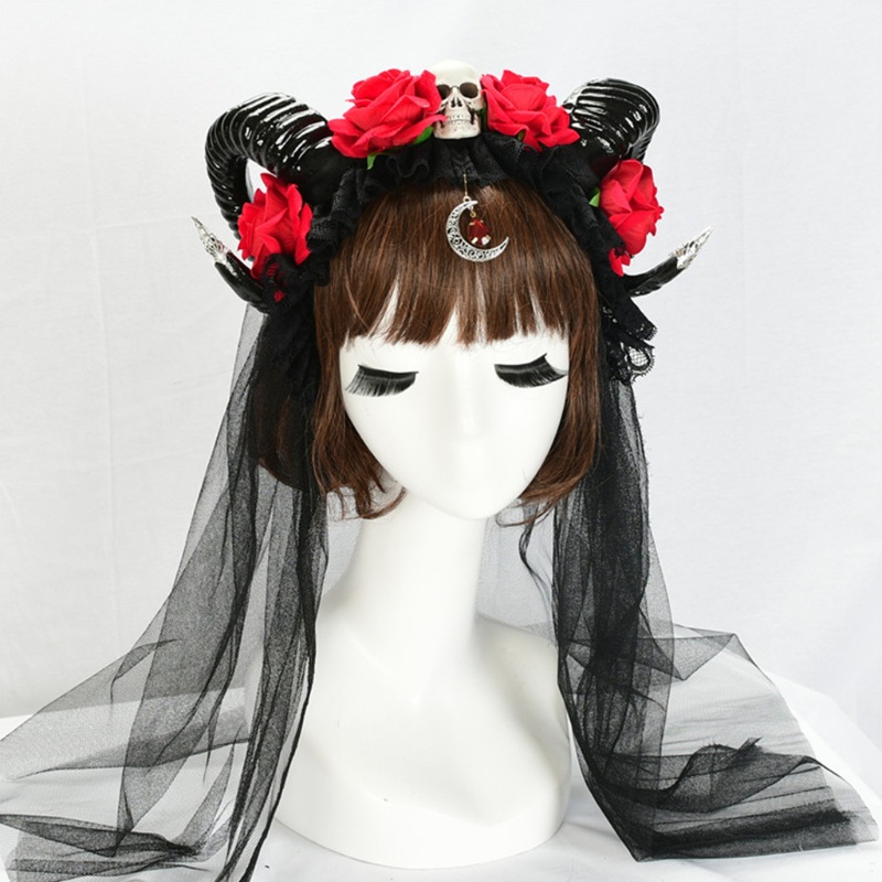 Băng Đô Cài Tóc Hình Mạng Che Mặt Đính Hoa Hồng Hóa Trang Halloween