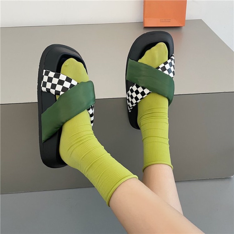 Dép Slipper Canvas Quai Chéo Chữ X Họa Tiết Checkerboard Vintage Kẻ Ô Caro