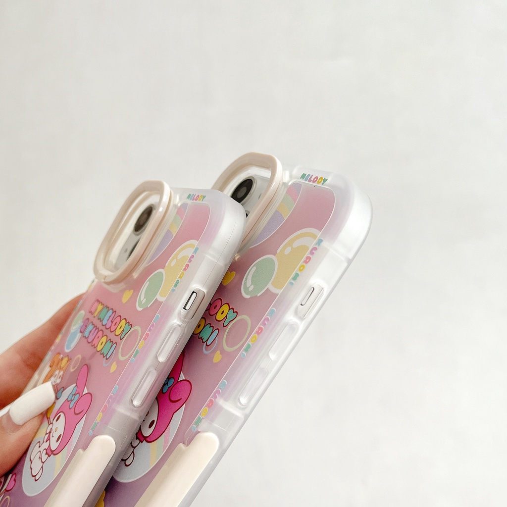 Ốp Điện Thoại Họa Tiết Kuromi and Melody Dễ Thương Chống Sốc Kèm Giá Đỡ Cho Iphone