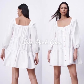 (Sẵn) Váy baby doll trắng cổ vuông dài tay Zarraaa tuồn sịn