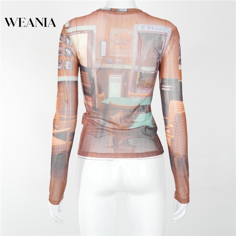 Áo Thun Tay Dài Phối Lưới In Họa Tiết Nghệ Thuật Thời Trang Cho Nữ