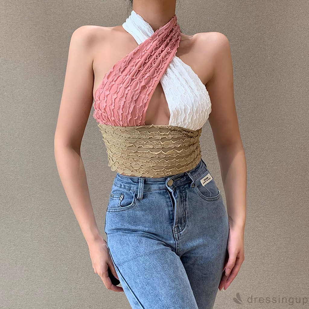 DRESSINGUP-Áo Thun Nữ Ngắn Tay Cổ Tròn Hở Eo Thời Trang