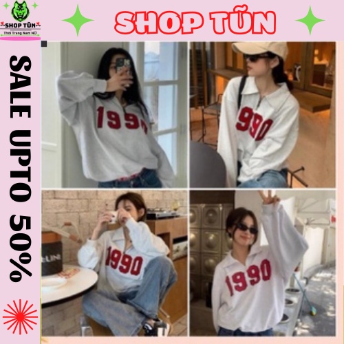 Áo sweater polo dài tay unisex dưới 80kg chất thun SHOP TŨN - Áo polo dài tay phối khóa cổ 1990