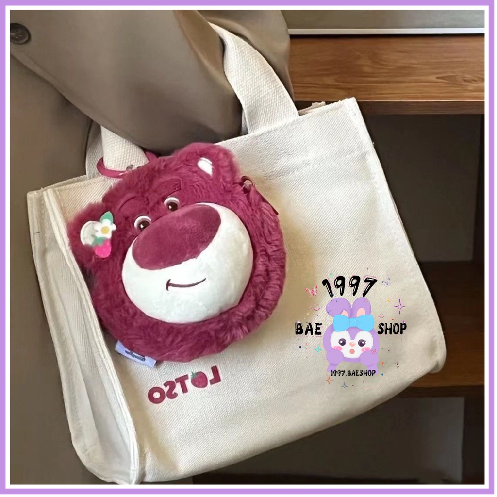 Túi xách vải canvas kèm charm gấu Lotso