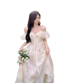 Đầm 2 dây voan hoa bẹt vai