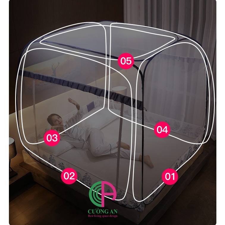 Màn chụp tự bung đỉnh vuông  có chân viền vải lụa cao cấp - Thương hiệu Cường An. Bảo hành 12 tháng