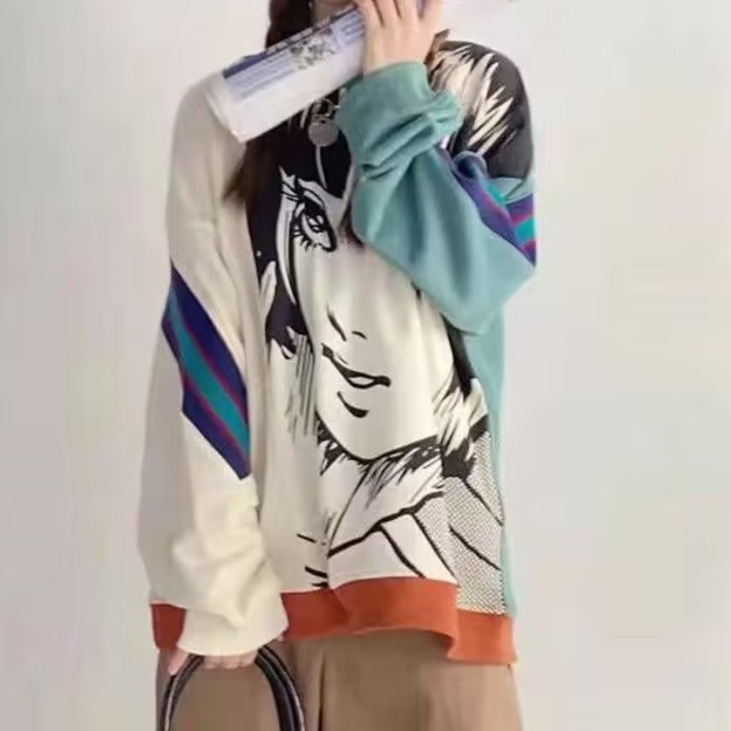 ♞AFF LIGA♞ Áo Sweater Cổ Tròn Tay Dài Dáng Rộng In Họa Tiết Hoạt Hình Màu Tương Phản Thời Trang Mùa Thu Cho Nam Và Nữ