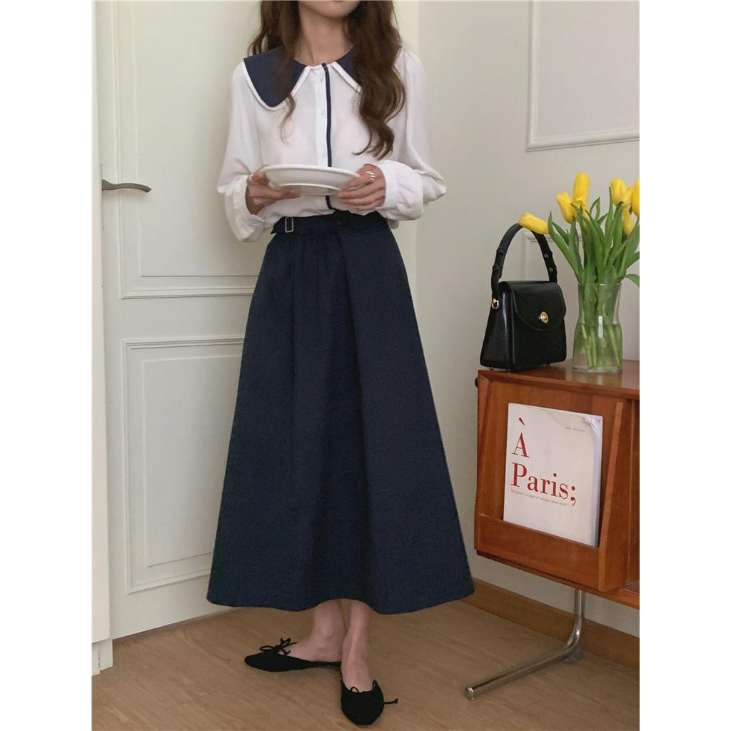 Bộ Áo Sơ Mi Tay Dài + Chân Váy Lưng Cao Co Giãn Màu Sắc Tương Phản 61329