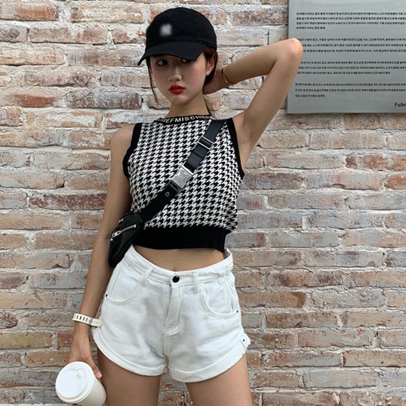 Áo croptop dệt kim không tay trọng lượng nhẹ phong cách preppy cho nữ