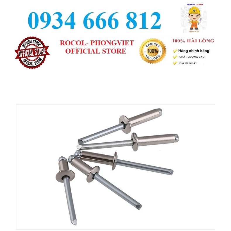 50c Đinh rút rive phần vỏ inox304 lõi thép 3.2x10, 3.2x12, 3.2x16