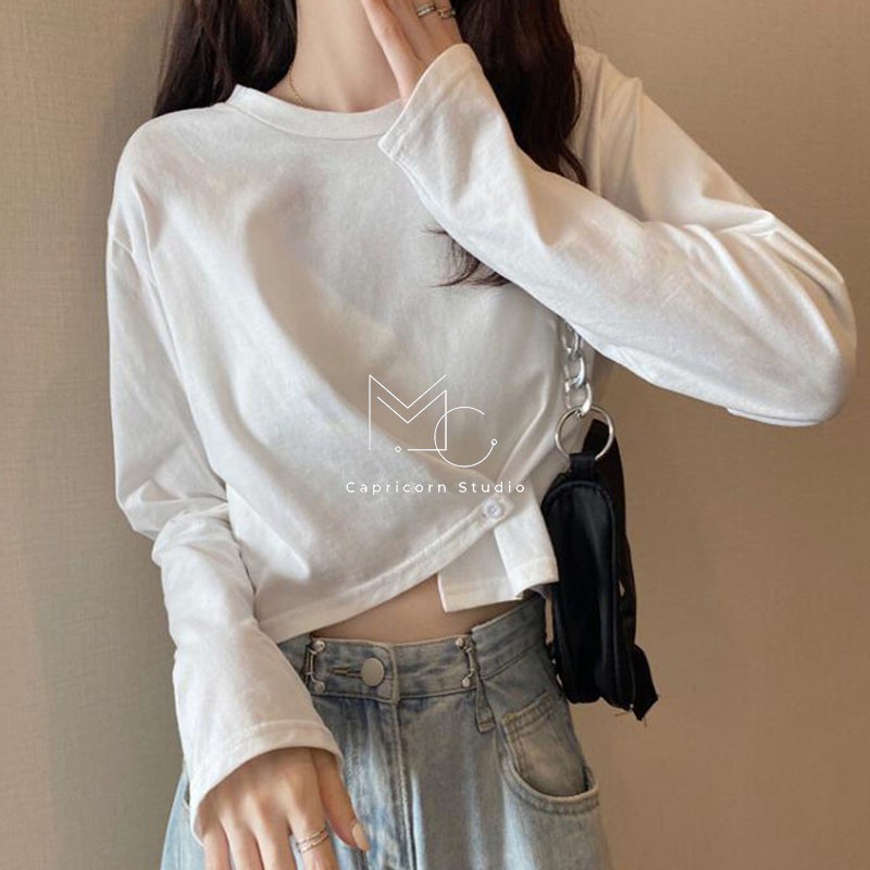 Áo thun Croptop dài tay cách điệu vạt xoắn phong cách Ulzzang Hàn Quốc [MinC.Studio - MCAT002]