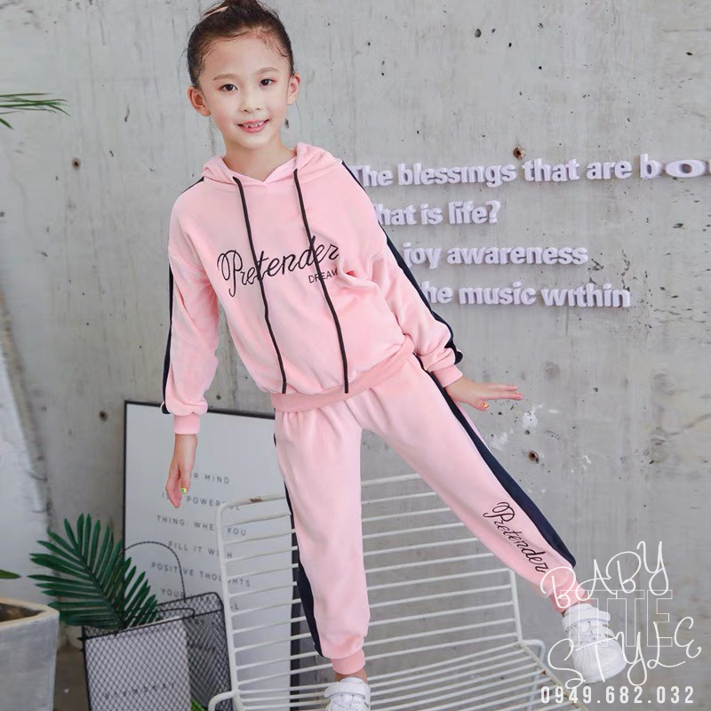 Bộ quần áo thu đông dài tay có mũ &quot;DREAM2&quot; 14-45kg cho bé gái 4-14 tuổi. Chất nỉ da cá. Thoải mái. G33